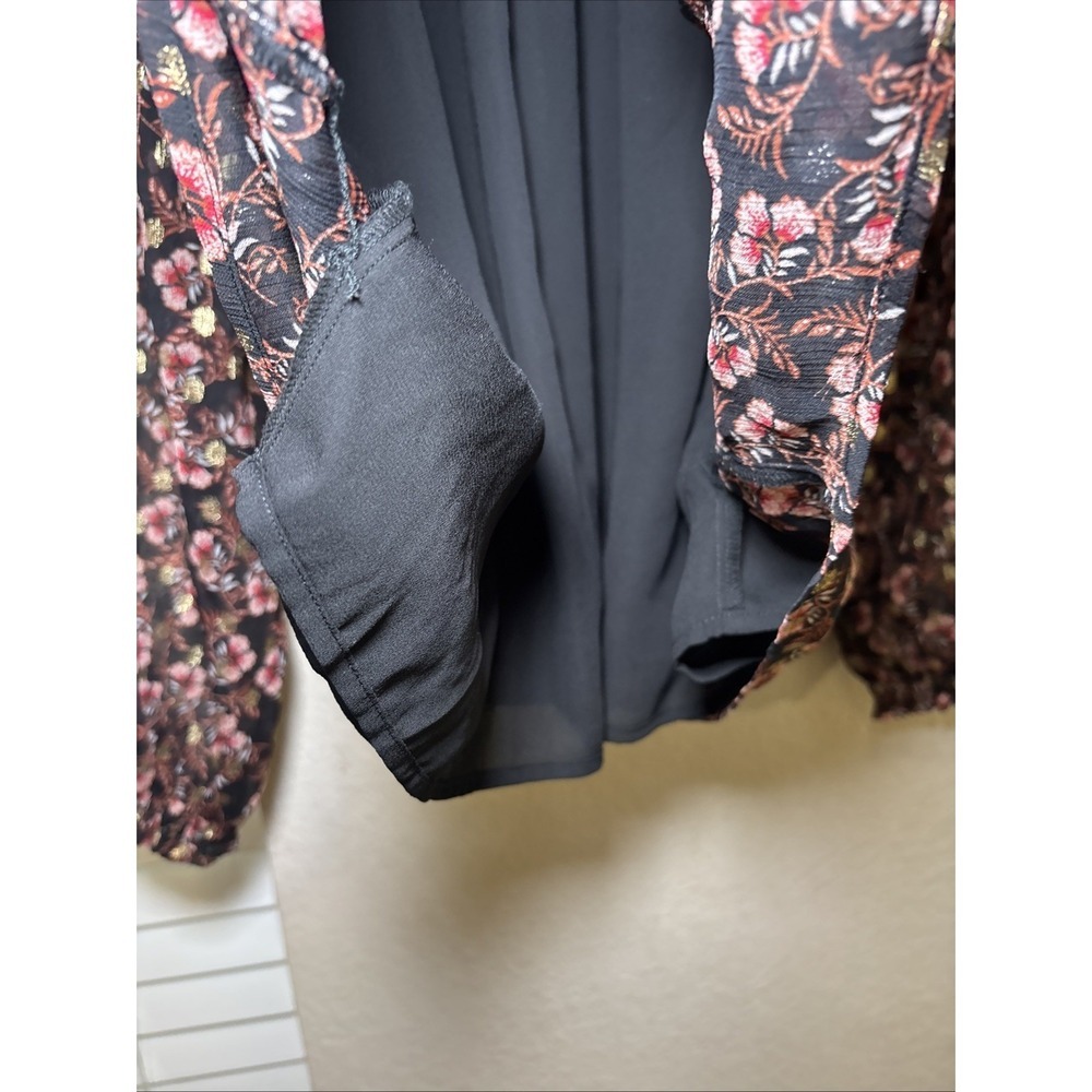 LOFT Floral Long Sleeve Pleated Mock Neck Blouse Women's Medium Black - Picture 7 of 7